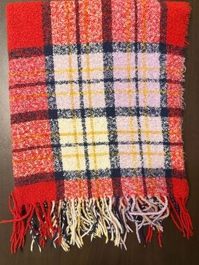 Aerie Oversized Plaid Blanket Scarf Red Pink Navy Fringe
